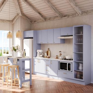 Imagem de Cozinha Modulada 10 Pçs com Tampo e Cristaleira e Ilha Marselha Cabecasa Madeiraoriginals Azul Sereno