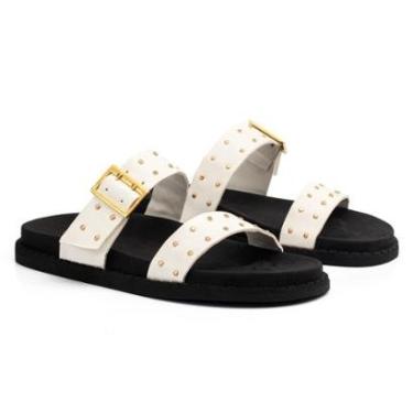 Imagem de Sandália Papete Feminina Flatform Plataforma Casual Enfeite Metal Brilho Metalizado Fla...