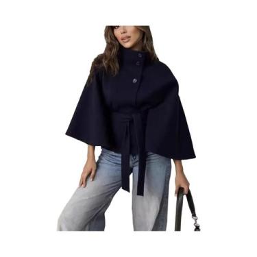 Imagem de Casaco Feminino Elegante De Gola Alta Com Cadarço E Cinto, Em Mistura 