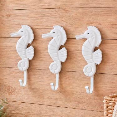 Imagem de Gancho Cabideiro de Parede Cavalo Marinho Porta Toalha Kit 3 Peças Decorativo Branco Madeira e Metal