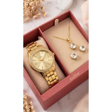 Imagem de Kit Relógio Condor Feminino Dourado Original Com Colar e Brincos