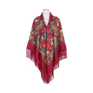 Imagem de Lenço Quadrado Russo Feminino 160x160cm Com Estampa Floral E Borlas, X