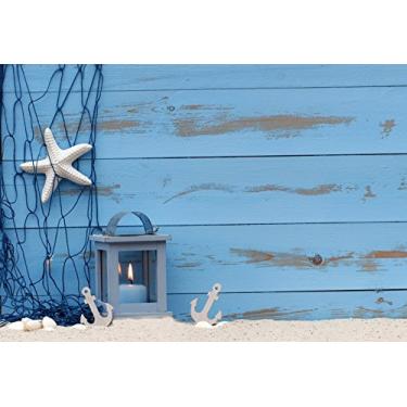 Imagem de Quadro de fundo de madeira azul - Yeele 2,7 x 1,8 m Vinil Estilo náutico Garrafa à deriva Estrelas do mar Redes de pesca Fotografia Imagens de fundo Sailor Boy Kid Adultos Retrato Cabine de fotos Tiro Estúdio Adereços