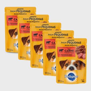 Imagem de Ração Úmida para Cachorro Pedigree Adulto Raças Pequenas Sabor Carne ao Molho 100g Kit com cinco unidades