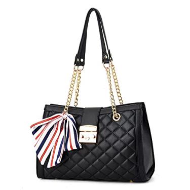 Imagem de Bolsas de ombro de couro para mulheres bolsas acolchoadas moda bolsa grande com alça de corrente bolsa feminina, Preto