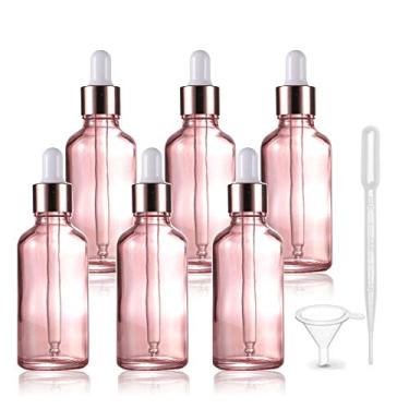 Imagem de 6 unidades, frasco conta-gotas de vidro rosa de 50 ml para óleos essenciais, suporte de garrafa conta-gotas de vidro vazio com pipeta de reagente de vidro, tampas de rosa douradas, frasco de perfume, pipeta sem recipiente, funil incluído