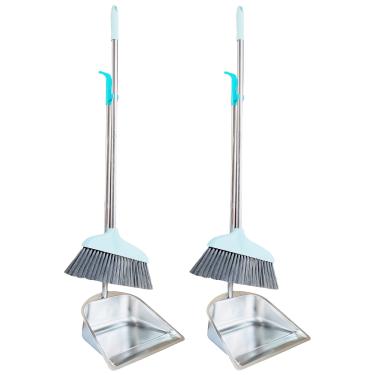 Imagem de Conjunto de 2 vassouras e pá de lixo com vassoura, pá de lixo resistente de aço inoxidável com cabo longo de 85 cm, vassoura vertical e pá de lixo para uso doméstico, cozinha, quarto, escritório, lobby