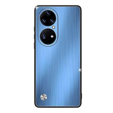 Imagem de KVIBEO Capa para Huawei P50/P50 Pro, capa traseira escovada de liga de alumínio fina à prova de choque com proteção de câmera TPU capa protetora de pára-choques, azul, P50 6,5 polegadas