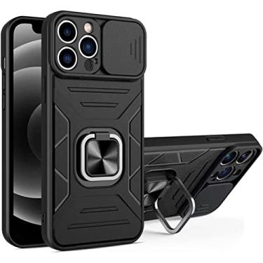 Imagem de IOTUP Capa para iPhone 13/13 Mini/13 Pro/13 Pro Max, proteção contra quedas de nível militar com anel de metal aprimorado suporte magnético com capa de câmera deslizante (cor: preto, tamanho: 13 mini 5,4 polegadas)