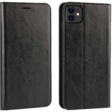 Imagem de KOSSMA Capa de telefone flip de couro legítimo, carteira de capa de telefone respirável à prova de choque com 3 compartimentos de cartão para Apple iPhone 12 (2020) 6,1 polegadas (cor: preto)