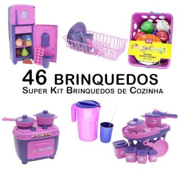 Imagem de Kit Cozinha Infantil Geladeira Fogão Panela Escorredor 43Pç - Altimar