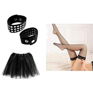 Imagem de Fantasia Punk Feminina C/Pulseira Meia Arrastão Saia Preta