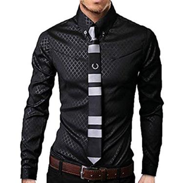 Imagem de SOUGAO Camisa social masculina xadrez manga longa slim fit colarinho abotoado, Preto, M