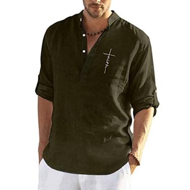Imagem de Camisa masculina Jueshanzj casual de algodão e linho, cor lisa, manga longa, ajuste solto, gola mandarim, Verde, Large