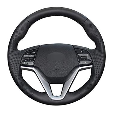 Imagem de Capa de volante de carro confortável de couro não deslizante costurada à mão preta, apto para Hyundai Tucson 3 2015 2016 2017 2018 2019