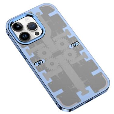 Imagem de DENSUL Capa para iPhone 14/14 Pro/14 Plus/14 Pro Max, capa de vidro temperado, traseira estilo legal 44 engrenagem mecânica, capa de telefone de proteção de lente de liga de alumínio, azul, 14 pro max 6,7 polegadas