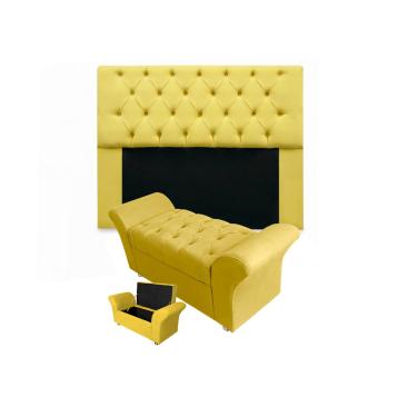 Imagem de Kit Cabeceira Mirage e Calçadeira Baú Veneza King 195 cm Suede Amarelo - LM DECOR
