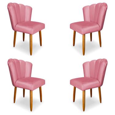Imagem de Kit 4 Cadeiras de Jantar Pétala Estofada Pés Palito Veludo Rosa - Montanaris Decor