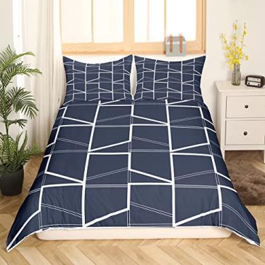 Imagem de Erosebridal Conjunto de capa de edredom geométrico azul marinho, tamanho Queen, para meninos e meninas, adulto, xadrez, cobertor, padrão de grade, decoração para casa moderna, hotel, crianças, adolescentes, coleção de cama macia de luxo