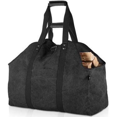 Imagem de BONTHEE Suporte de lenha extra grande à prova d'água de lona para uso interno com alça de ombro e alças superiores com almofada de alívio de peso para facilitar o transporte – Preto