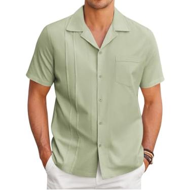 Imagem de COOFANDY Camisa masculina de linho de manga curta cubana Guayabera, camisa de botão de praia, Verde gelo, G
