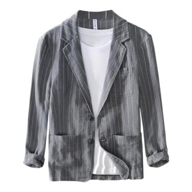 Imagem de UEAUY Blazer masculino listrado de linho, casaco solto, leve, esportivo, ternos elegantes, Cinza, Large