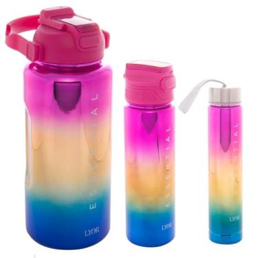 Imagem de Conjunto 3 Garrafas Squeeze de Policarbonato Metalizado Degradê Rosa - Lyor