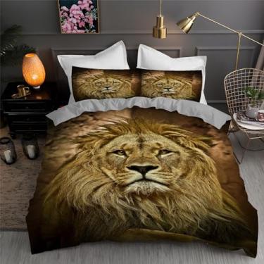 Imagem de Jogo de cama com estampa de rei leão marrom, conjunto de 3 peças para decoração de quarto, capa de edredom de microfibra macia 264 x 233 cm e 2 fronhas, com fecho de zíper e laços