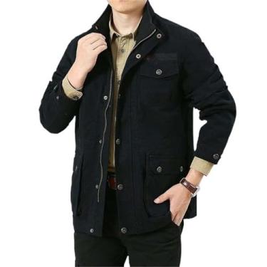 Imagem de Aoleaky Jaqueta masculina primavera outono casual algodão cáqui solto comprimento médio casaco masculino preto, Preto, P