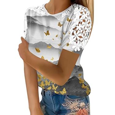 Imagem de Blusas femininas de malha de renda plus size manga curta elegantes blusas de algodão verão camiseta camponesa túnica formal, Cinza, P