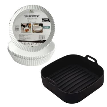 Imagem de Forro Antiaderente Descartável 50 Peças + Forma Quadrada Air Fryer Silicone 20cm