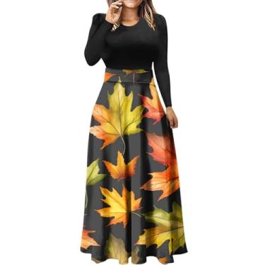 Imagem de Vestido feminino de manga longa solto com estampa de patchwork, vestidos maxi longos casuais 2023 roupas de outono plus vestidos com, Preto, M
