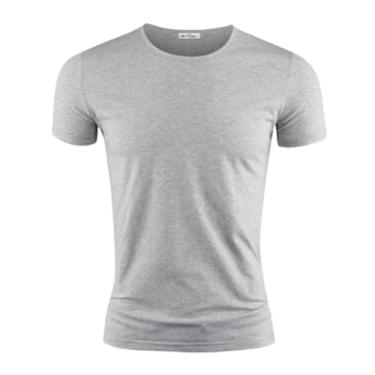 Imagem de Camiseta masculina cor pura gola V e O manga curta camisetas masculinas fitness para roupas masculinas 1, Gola redonda na cor cinza, M