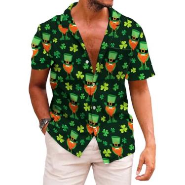 Imagem de KYKU Camisa masculina do Dia de São Patrício, camisas havaianas, manga curta, verde com botões, Leprechaun Green, P