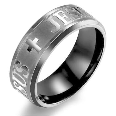 Imagem de Adreamz 8 mm Prata Ouro Preto Masculino Feminino Oração do Senhor Jesus Cruz Anel de Aço Inoxidável Cruz Jesus Gravado Anel Religioso Cristão, 7, Aço inoxidável, Sem pedra preciosa