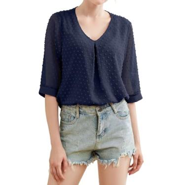 Imagem de YSYOKOW Camisetas femininas casuais de verão, manga 3/4, chiffon, soltas, soltas, túnica de malha de camada dupla, Azul marinho, P