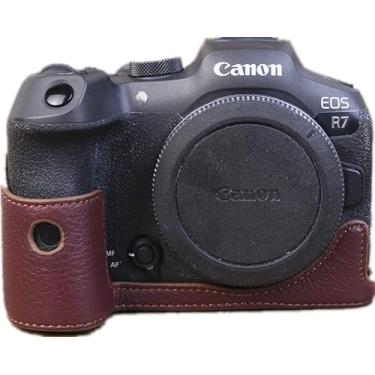 Imagem de Capa para R7, BolinUS feita à mão em couro genuíno para meia câmera para Canon EOS R7 versão com abertura inferior + alça de mão (café)