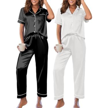 Imagem de Ekouaer Pacote com 2: Conjunto de pijama de cetim para mulheres, conjunto de pijama de manga curta, conjunto de pijama de seda e calça comprida, Preto + branco, P