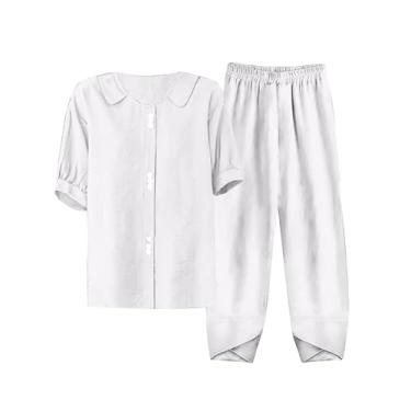 Imagem de Conjunto feminino de linho de verão com 2 peças, meia manga, camisa de conscientização de Alzheimer com calça de linho de algodão, roupas de férias plus size, Branco, 3X-Large