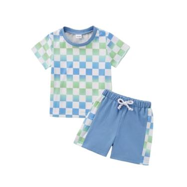Imagem de Usaibhir Roupas para bebês meninos, roupas de verão, patchwork, xadrez, camiseta e shorts para meninos 1t 2t 3t 4t 5t, Azul e verde, 3-4 T