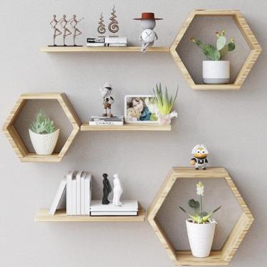 Imagem de Prateleiras flutuantes hexagonais de madeira montadas na parede – conjunto de 6 prateleiras hexagonais de madeira de pinho para fotos, plantas, prateleiras rústicas de favo de mel para sala de estar