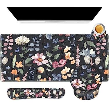 Imagem de ARTSO Tapete de mesa, conjunto de suporte de pulso grande para mouse para jogos, teclado ergonômico para descanso de pulso com combo de porta-copos e mouse estendido com antiderrapante para escritório em casa, flores e plantas