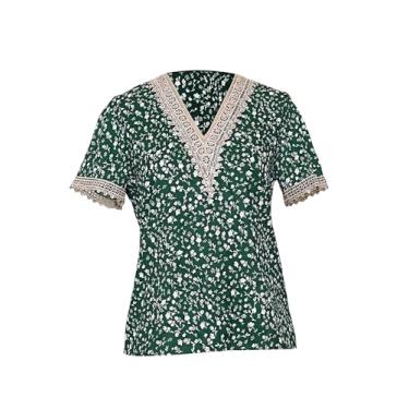 Imagem de Blusa feminina de poliéster quadridirecional elástica floral renda patchwork gola V camisa para o verão, Tipo 1 GG, One Size