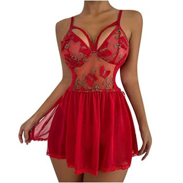 Imagem de Lingerie sexy plus size lingerie feminina sexy renda bordada malha lencería transparente para mulheres vestido Cami R, Vinho, P