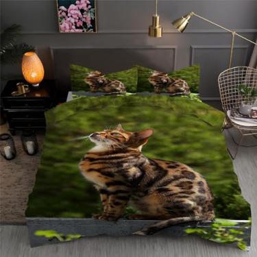 Imagem de Jogo de cama de capa de edredom solteiro de gato leopardo para animais de estimação, 3 peças, capa de edredom de microfibra macia texturizada 172,7 x 228,6 cm e 2 fronhas, com fecho de zíper e laços