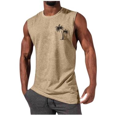 Imagem de Colete masculino esportivo esportivo de praia sem mangas para homens gola redonda havaiana camiseta regata outono verão 2024, T-214 cáqui, 3G