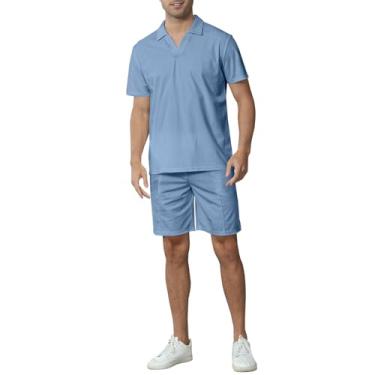 Imagem de Angbater Conjunto masculino de 2 peças de camisa polo e shorts, cor lisa, textura geométrica, casual, conjunto de roupa de férias, Azul, G