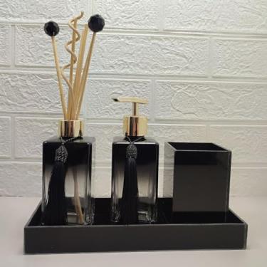 Imagem de Kit Lavabo Banheiro Dispenser Porta Sabonete Líquido Difusor Porta Escova Pincel Bandeja Decorativa Bancada-Organizadores e Decoração Para Banheiro-Preto e Dourado-Naneh Decor