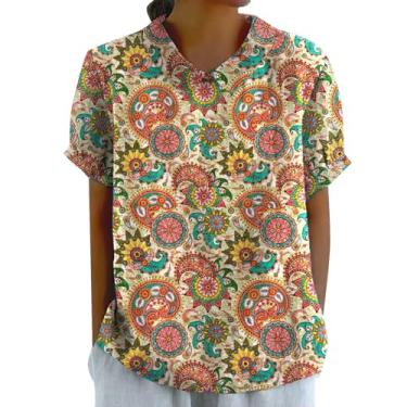 Imagem de PKDong Camisas de linho femininas gola Peter Pan blusa manga curta botão abertura nas costas camiseta casual tops verão, Laranja, XXG