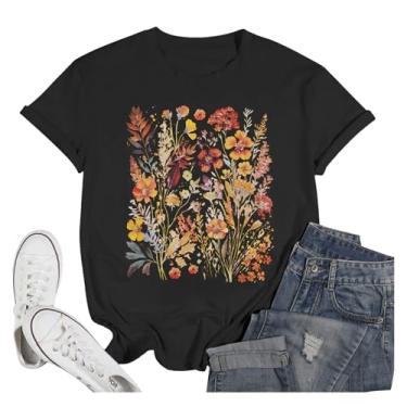 Imagem de Weiyuqi camiseta feminina boho floral vintage estampa botânica flores silvestres camisetas casuais amantes de jardim, Preto, P